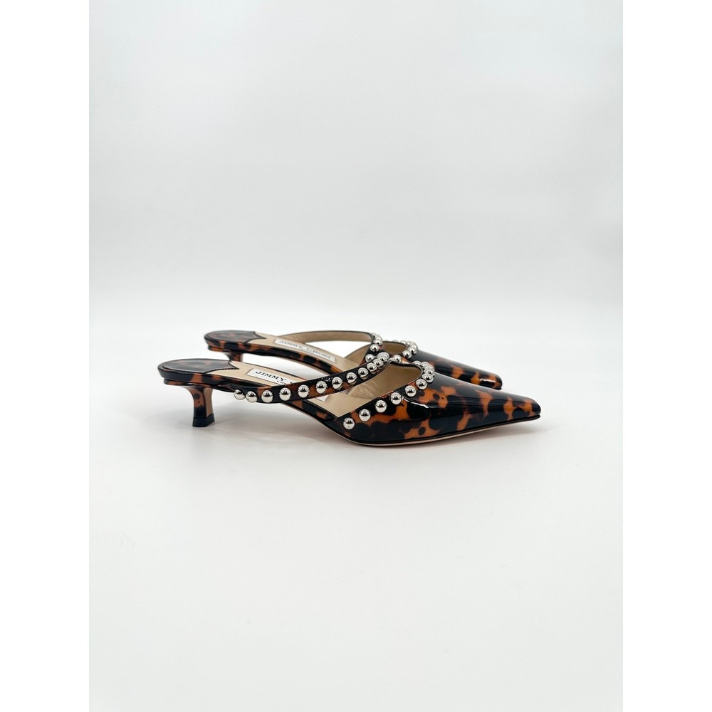 Jimmy Choo Ros 35 Tortoise Shell Patent Leather Studded Mules 36 / 6 Kitten Heel - Picture 3 of 9